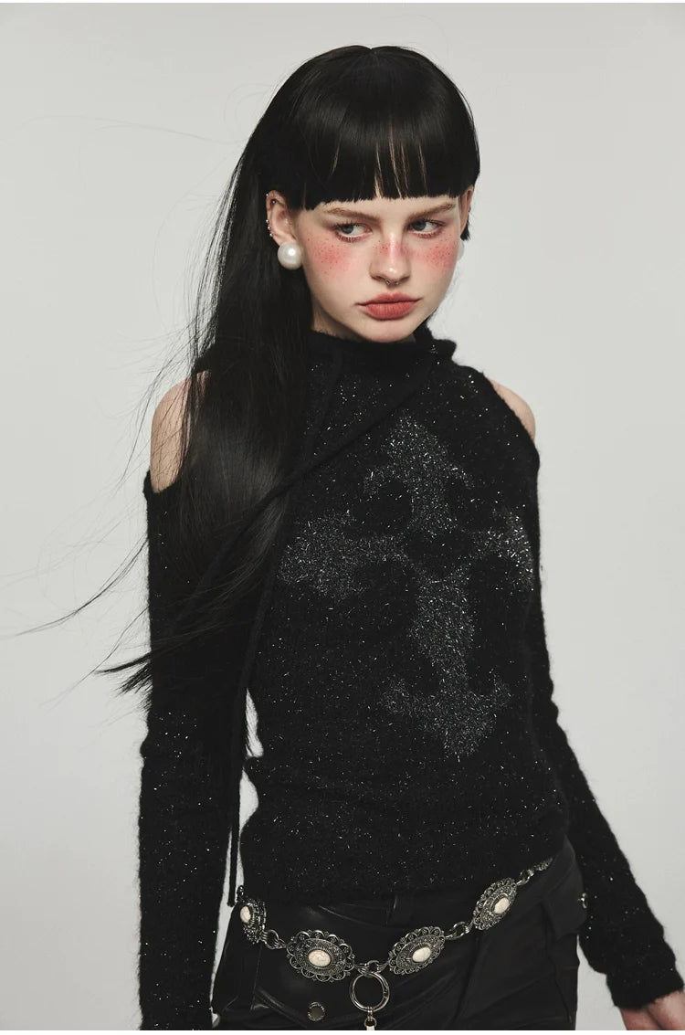 Mohair Off-Shoulder Knit Hoodie