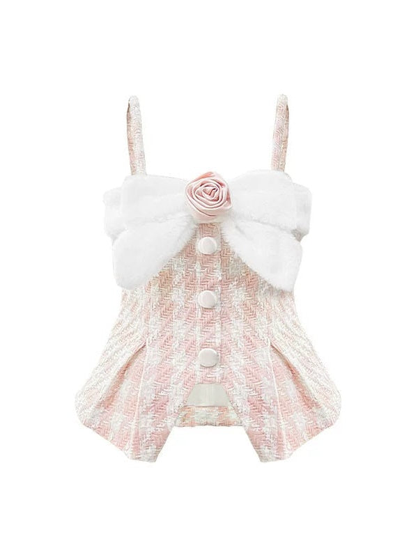 Plaid Tweed Flower Ribbon Design Camisole ＆ Furry Puff Skirt