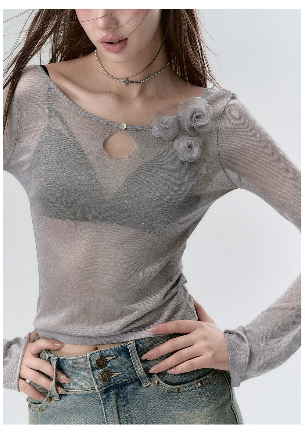 Shimmering Sheer Knit Floral Blouse