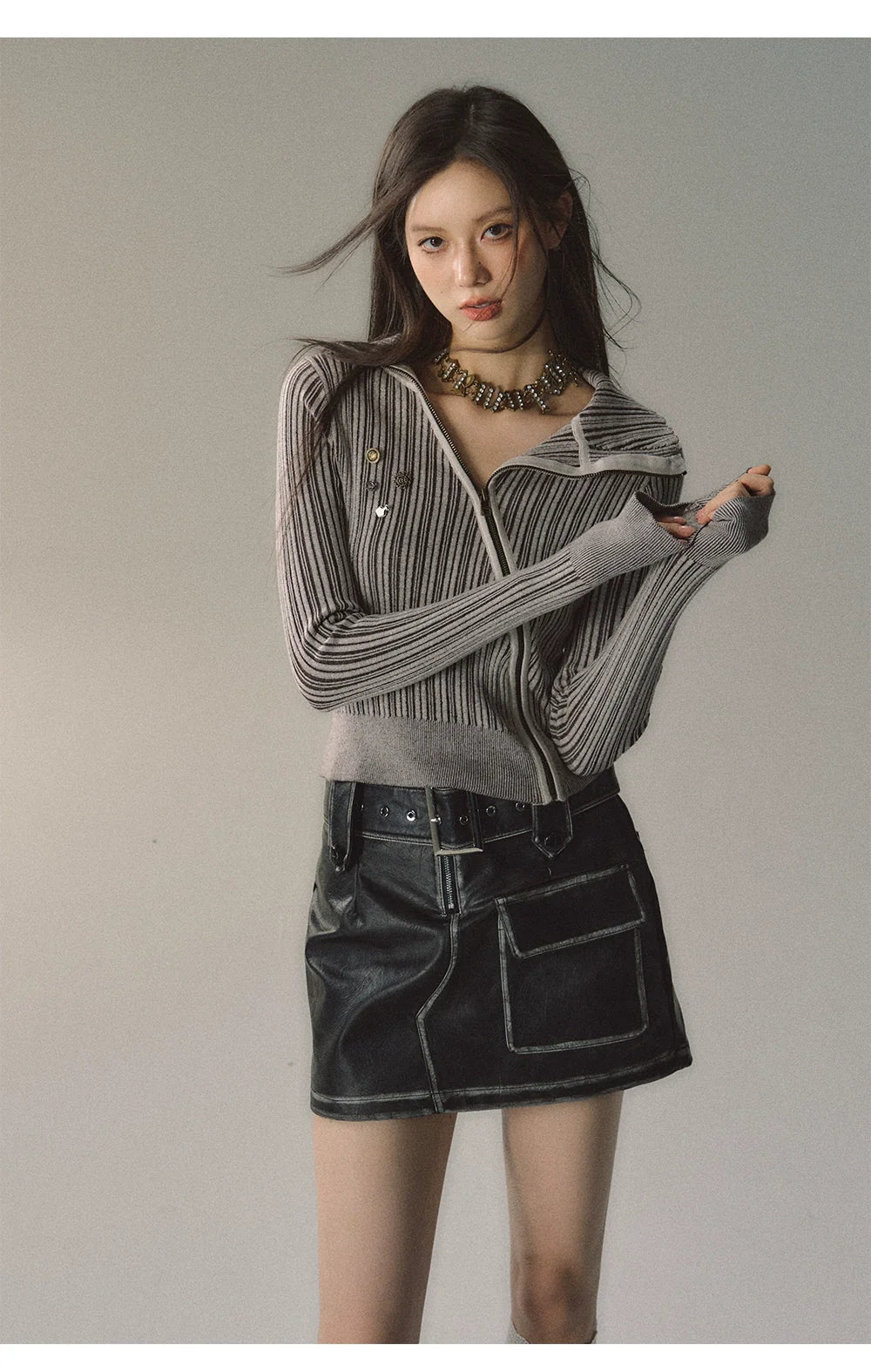 Mocha & Red Zipper Striped Turtleneck