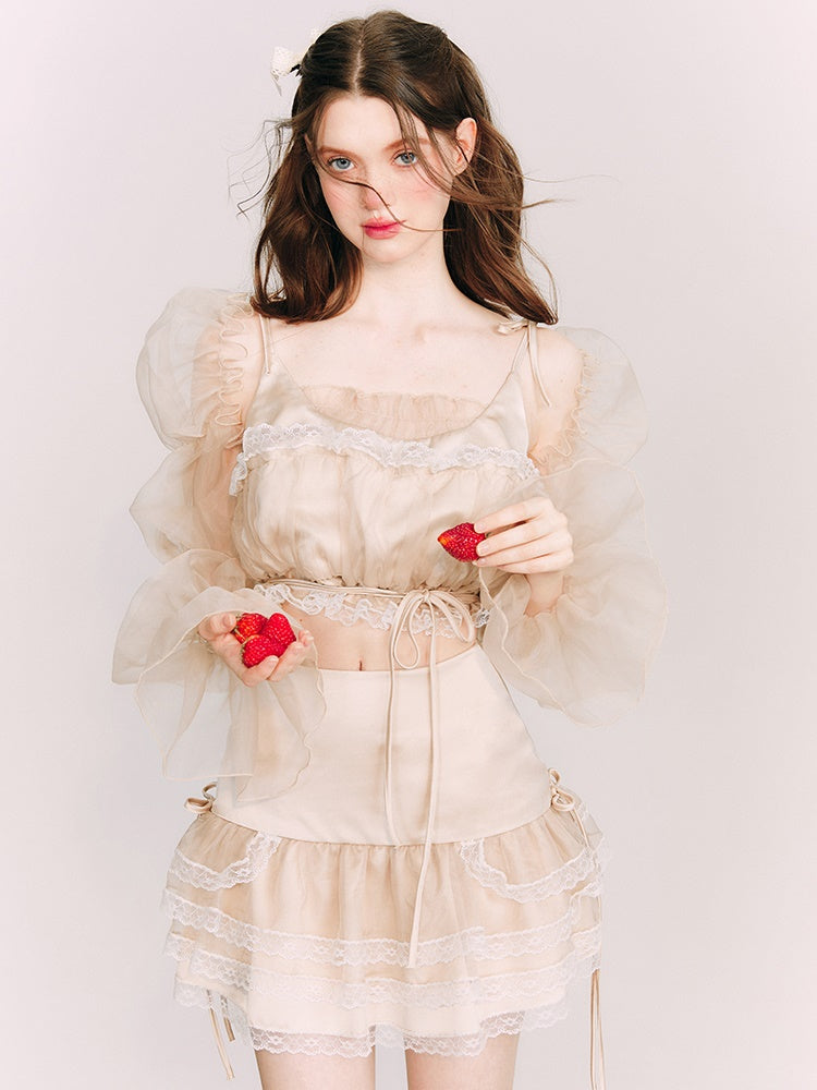 Organza Puff Sleeve Lace Top & Skirt