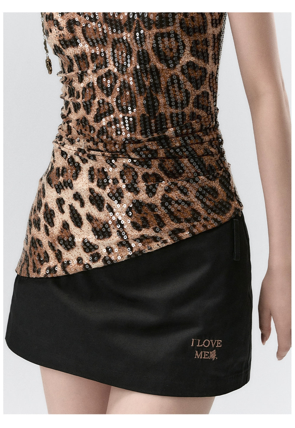 "I LOVE ME" Embroidered Rose Belt A-Line Mini Skirt