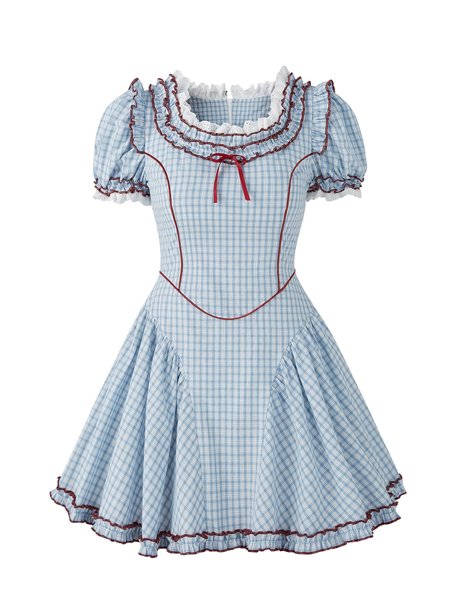 Puff Sleeves Sweet Plaid Princess Dress