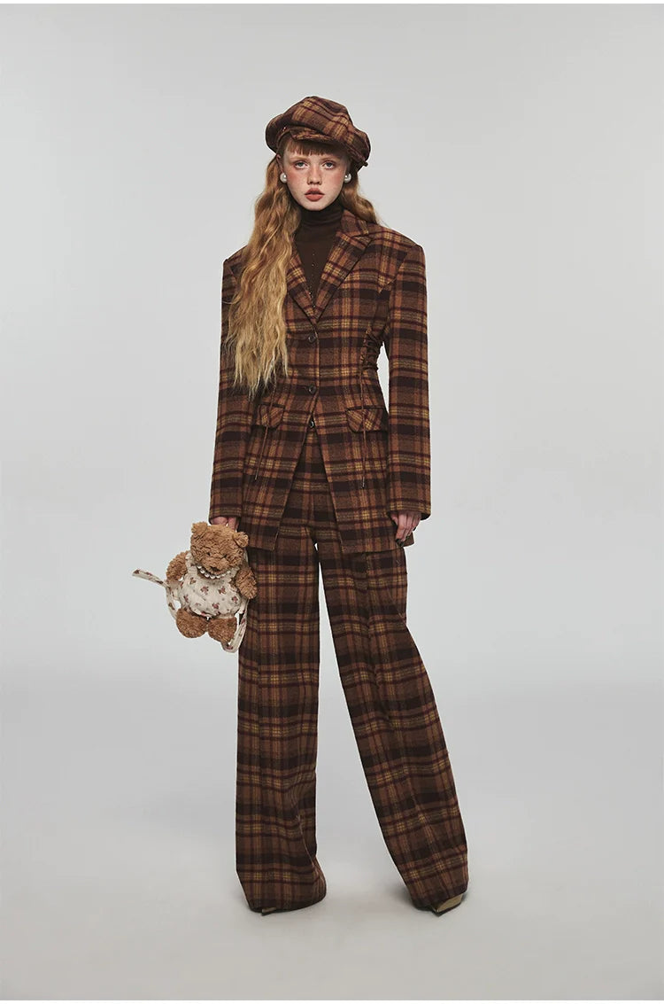 Plaid Woolen Wide-leg Pants