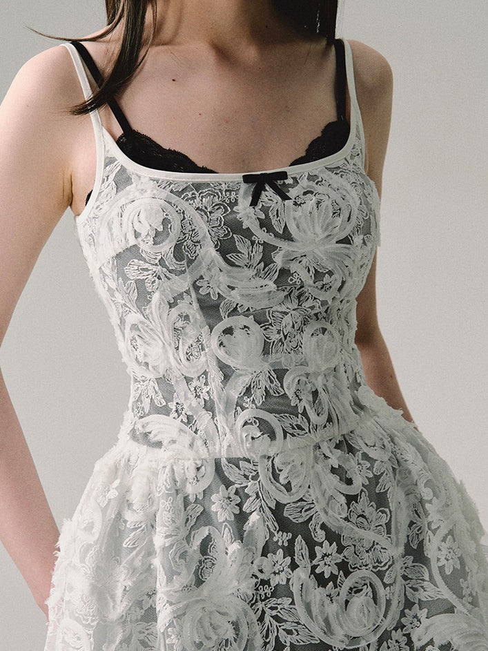 Three-dimensional Embroidered Sheer Suspender Dress