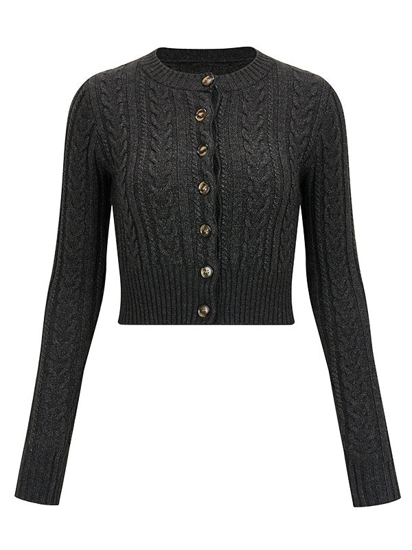 Round Neck Cable Short Knitted Cardigan