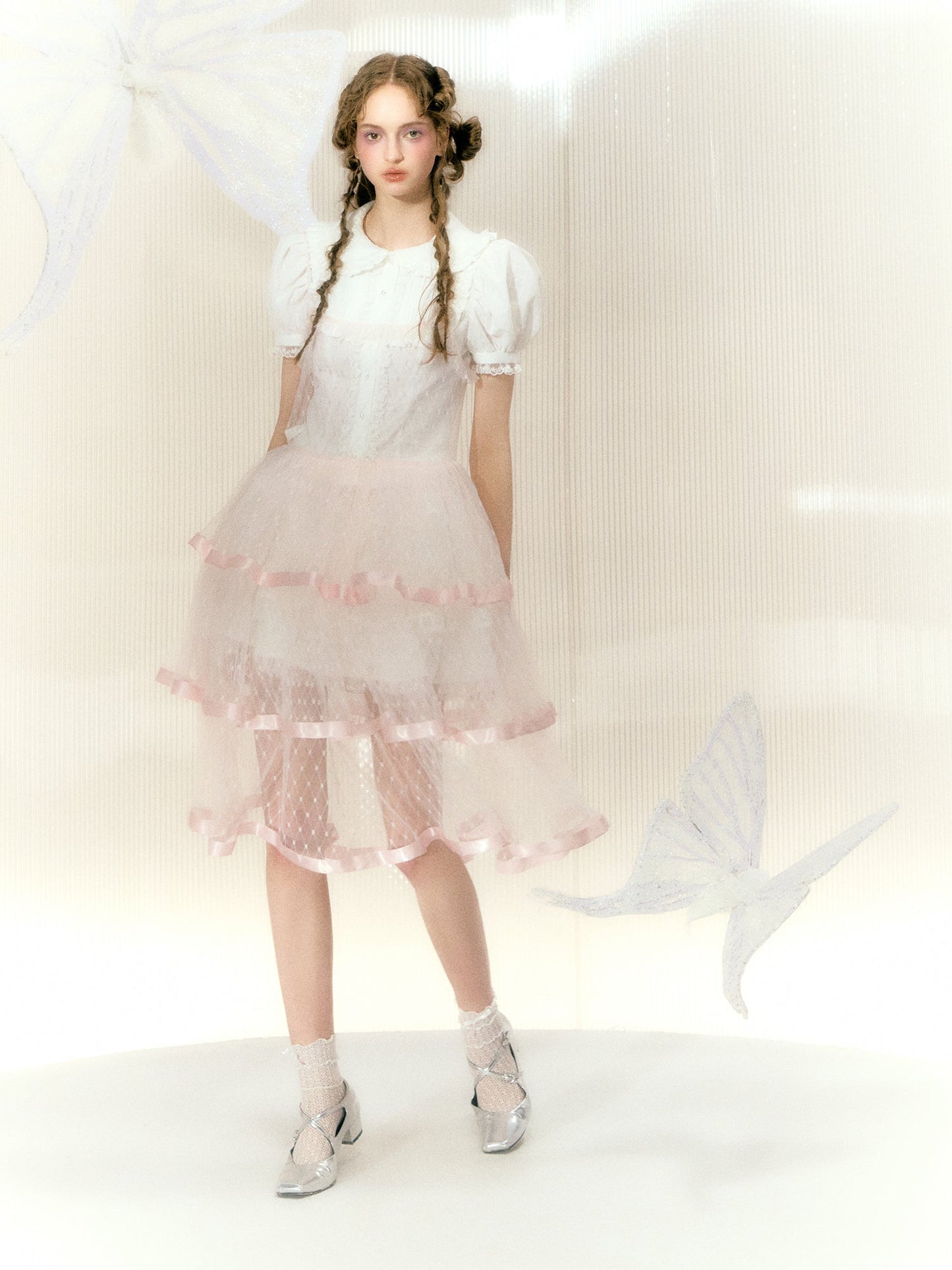 레이스 리본 메쉬 서스펜더 케이크 드레스