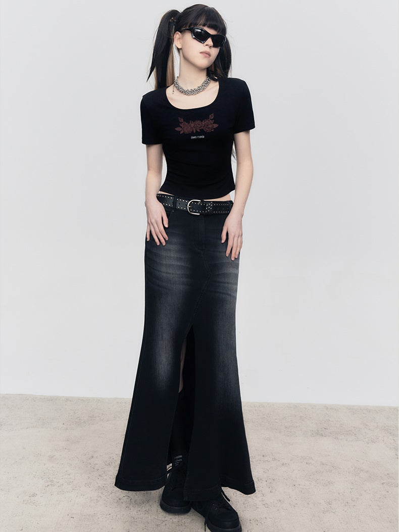 레이스 로즈 프린트 반팔 티셔츠 