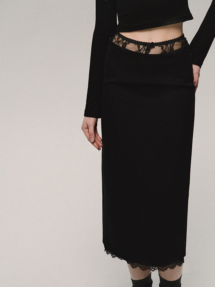 로우 웨이스트 레이스 스플라이싱 스트레이트 스커트 