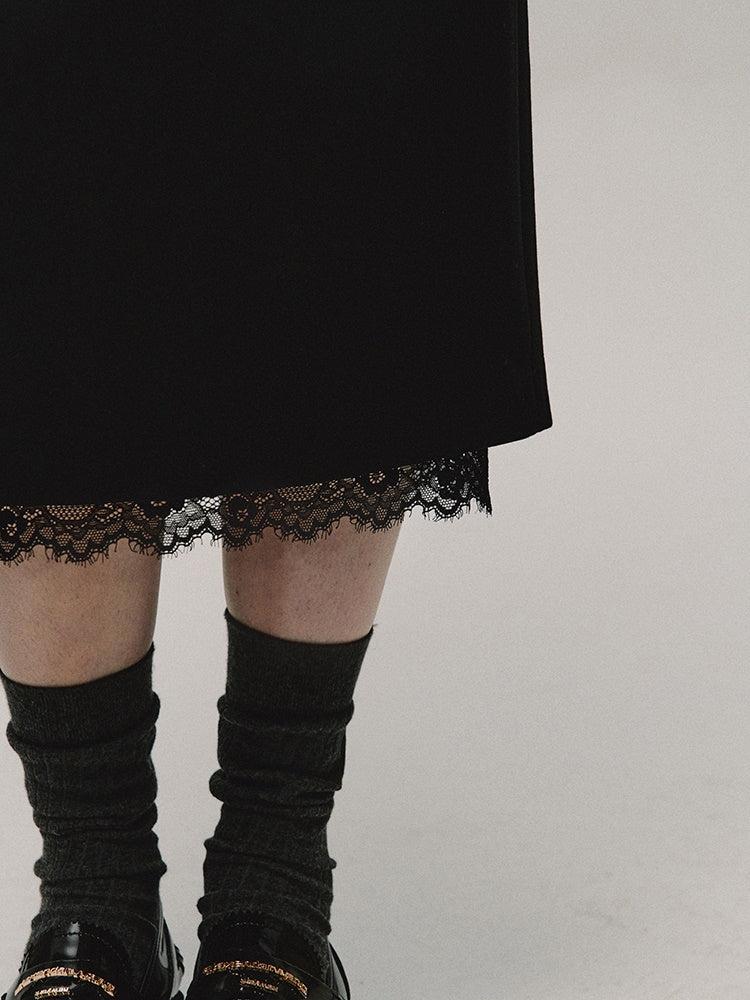 로우 웨이스트 레이스 스플라이싱 스트레이트 스커트 