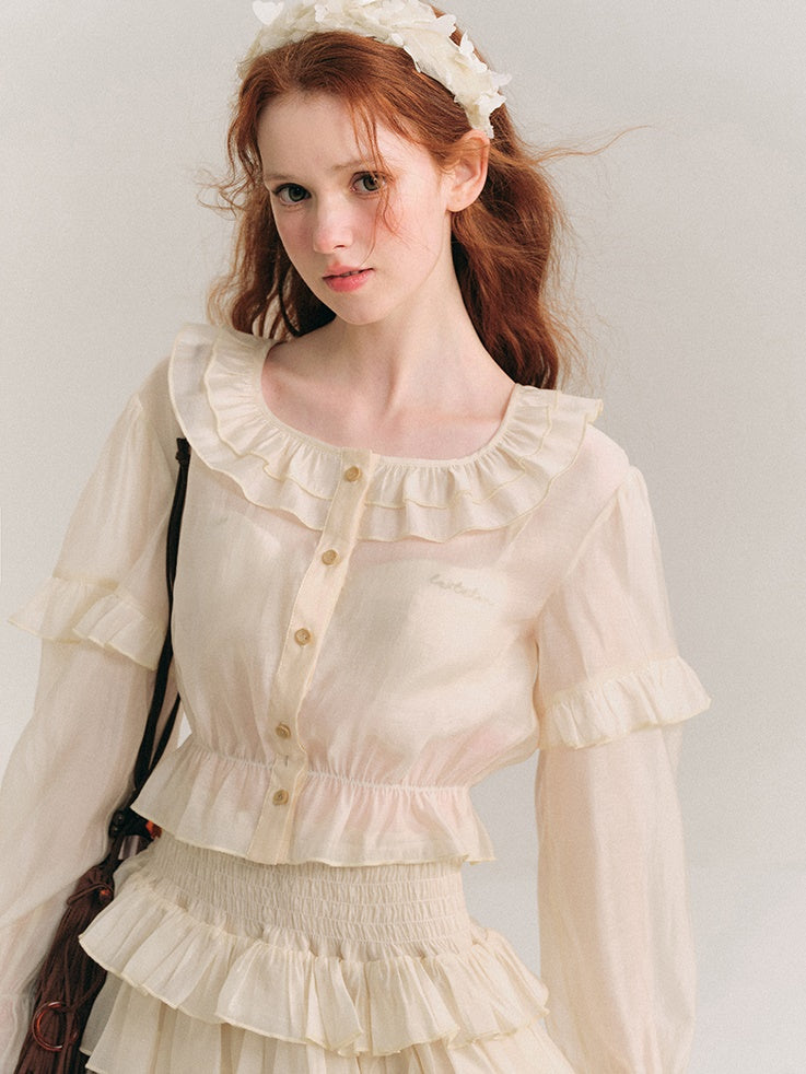 Shimmer Ruffle Collar Shirt & Cake Skirt