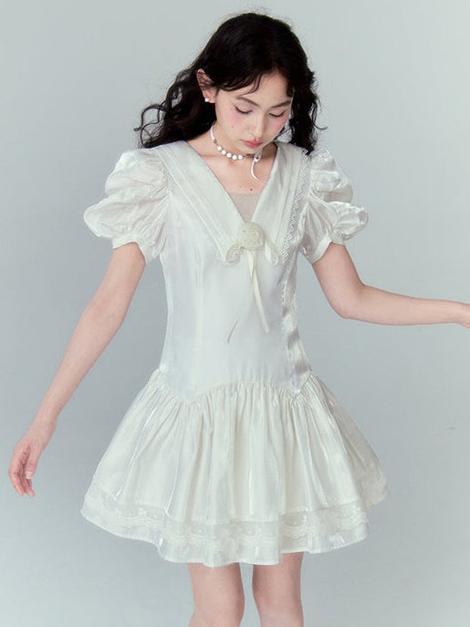 V-neck Rose Streamer Puff Sleeve Dress