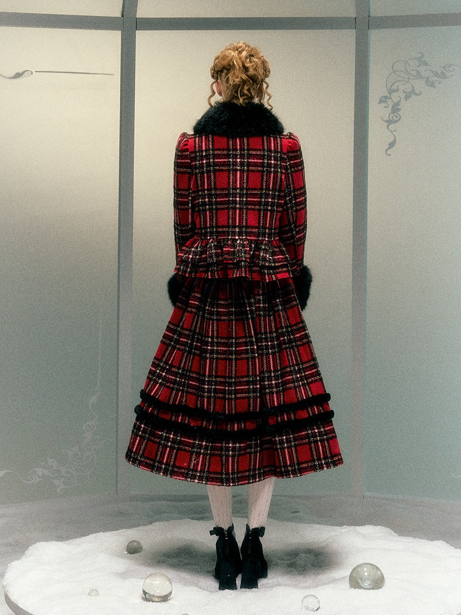 Plaid Detachable Fur Collar Fur Ball Short Coat & Mid-Length Skirt