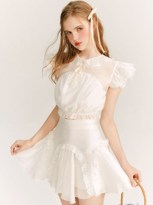 Translucent Flying Sleeve Top ＆ Lace Mini Skirt