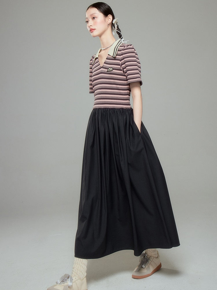 Polo Collar Striped Long One-piece