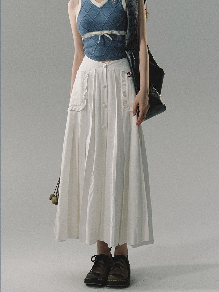 Retro Patch Pocket Half Slit Pleated Long Skirt