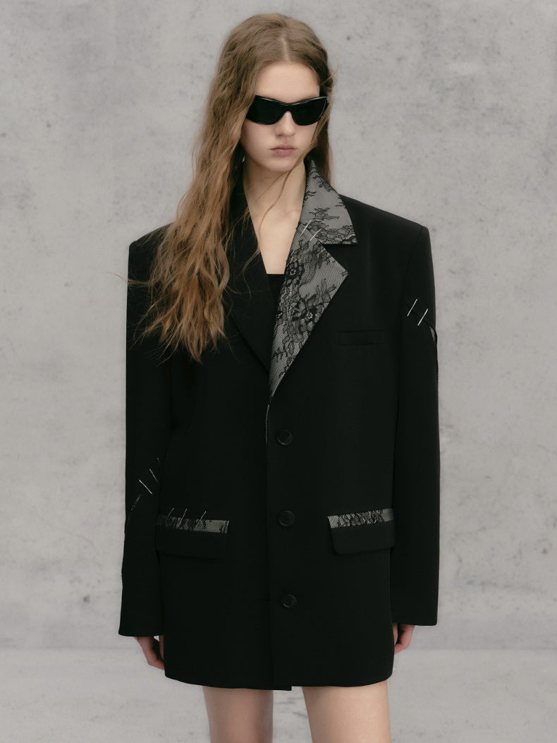 레이스 스티치 배색 루즈 재킷 