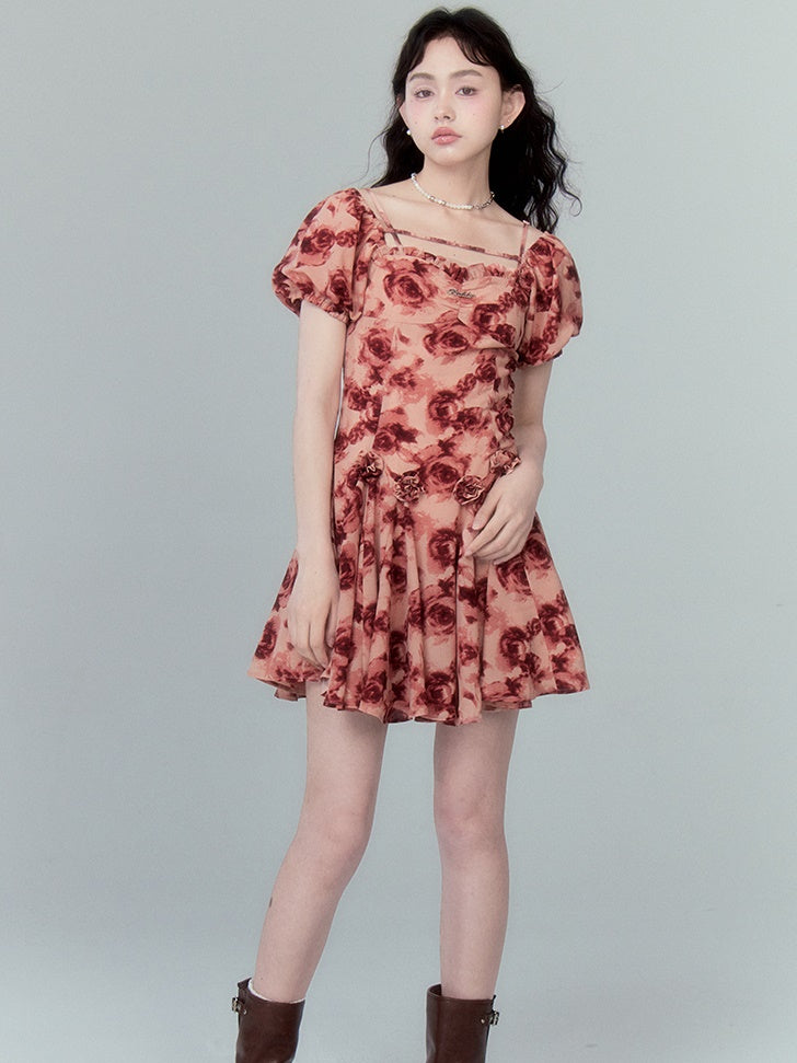 Rose Print Square Collar Puff Sleeve Dress