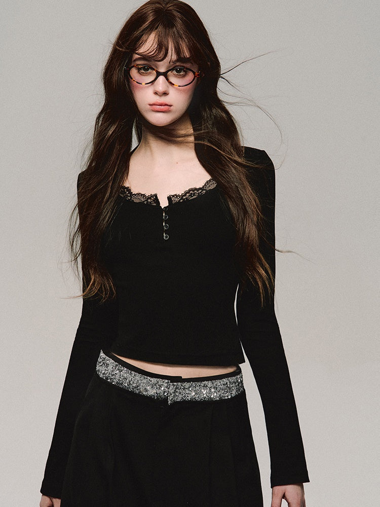 레이스 스티치 니트 바텀 셔츠 