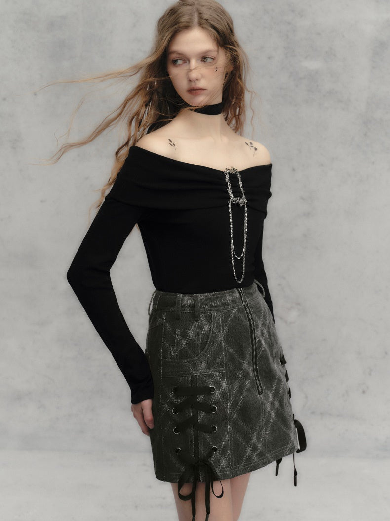 Plaid Denim A-line Rope Skirt