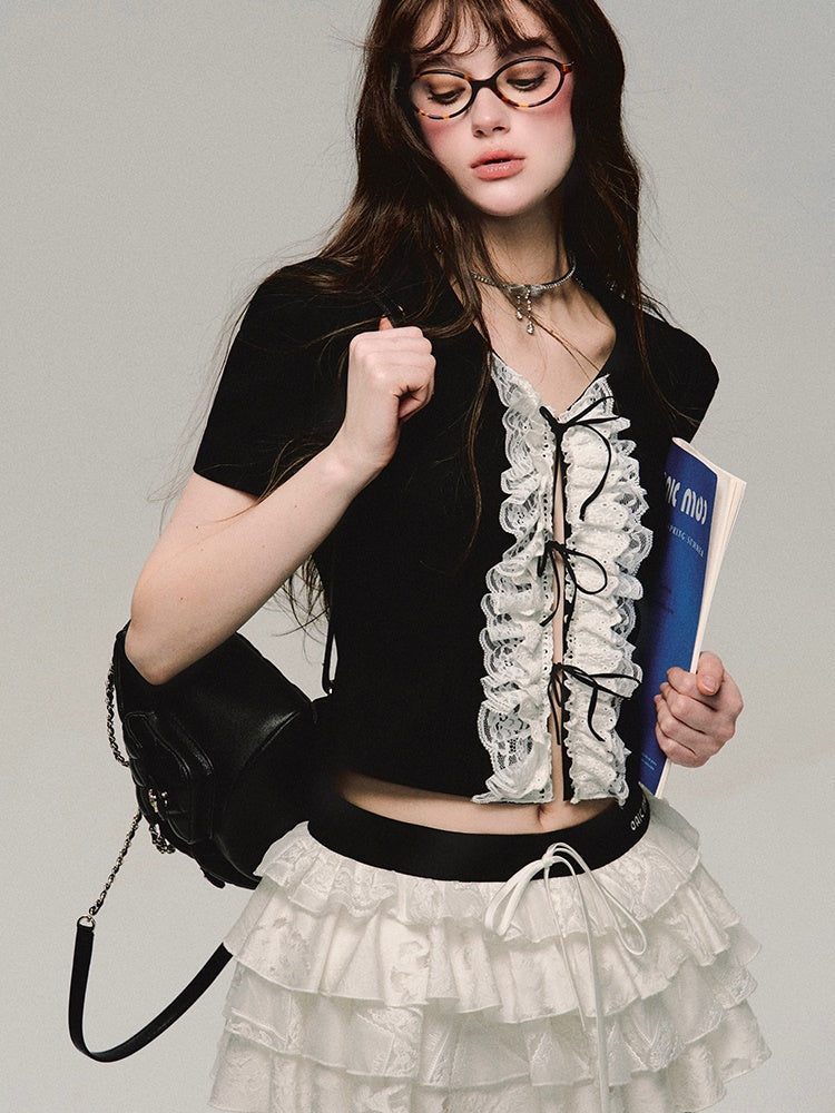 레이스 자수 플래킷 반소매 티셔츠 