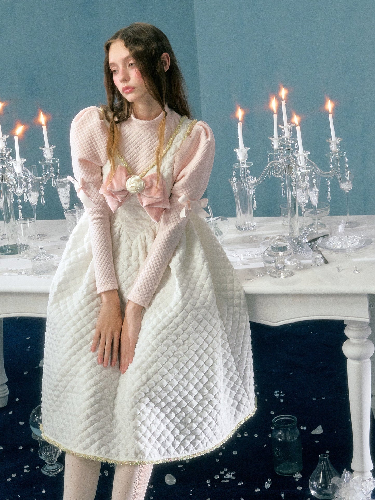 레이스 리본 플라워장식 패딩 서스펜더 드레스&amp;퍼프슬리브 탑