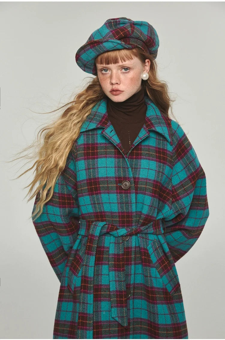 Plaid Classic  Belted Waist Woolen Overcoat