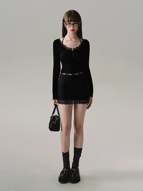 레이스 스티치 니트 바텀 셔츠 