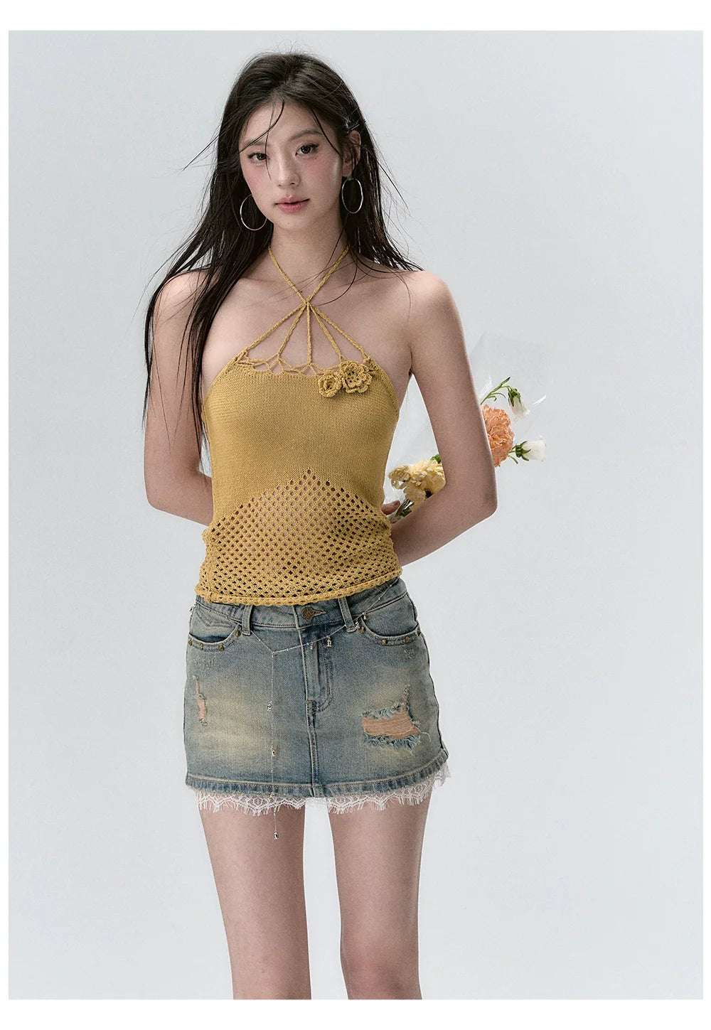 Rose Knitted Hollow Out Spaghetti Strap Tank Top