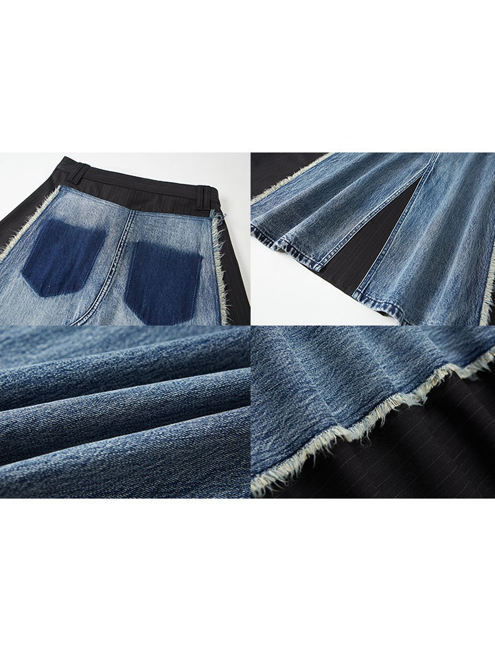 Retro Distressed Washed Raw Edge Denim Patchwork Skirt