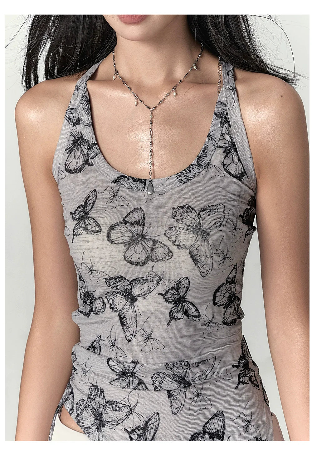 Purple & Grey Butterfly Print Irregular Strappy Vest