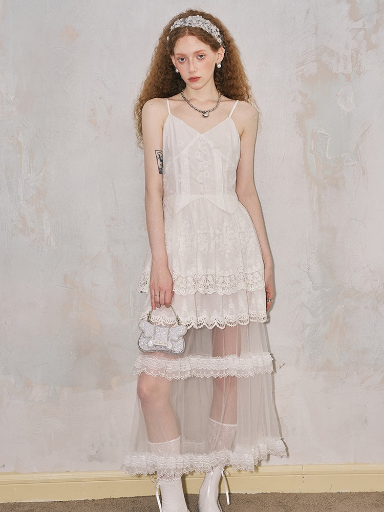 Romantic Hollow Embroidery Lace Camisole Dress