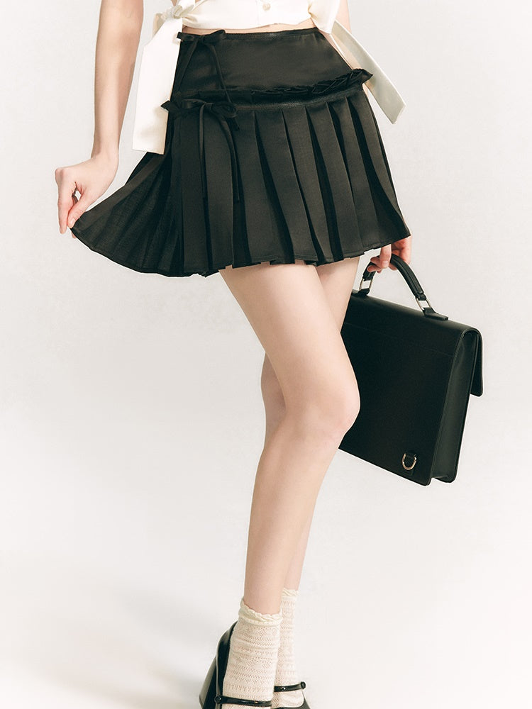 Ribbon Shiny Pleated Skirt