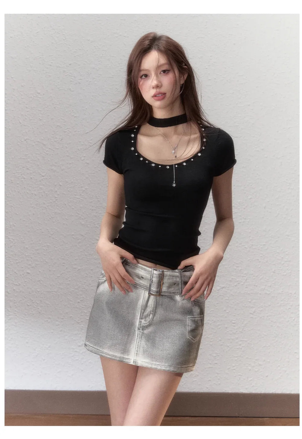 Wide Belt Washed Denim A-Line Mini Skirt