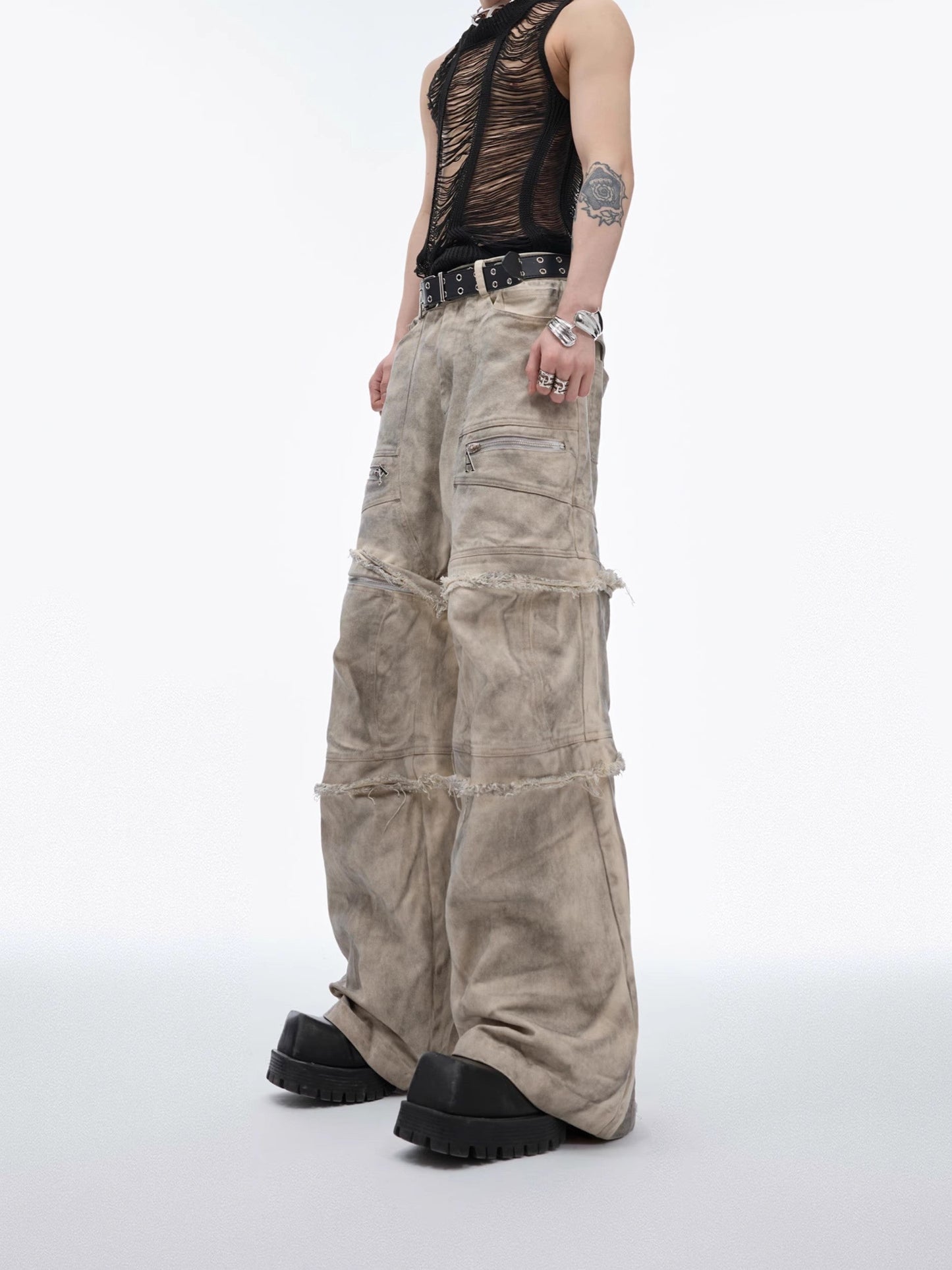 Patchwork Raw-edge Damage Wide-Leg Straight Pants