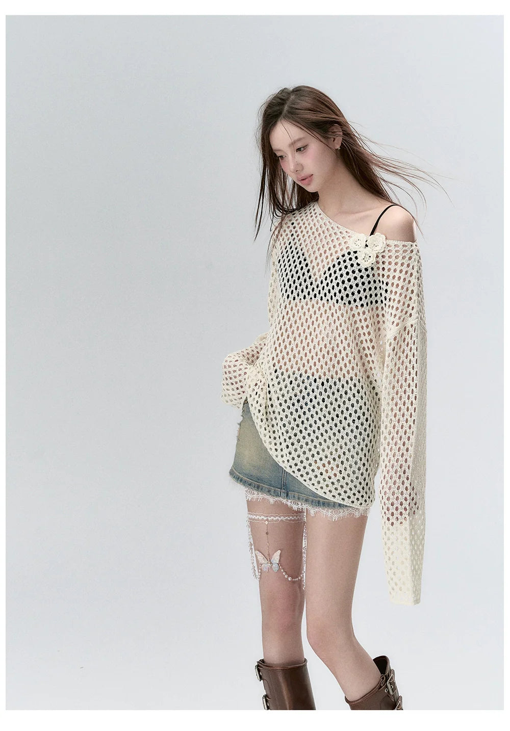 Milk Silk Sheer Mesh Hollow-Out Blouse