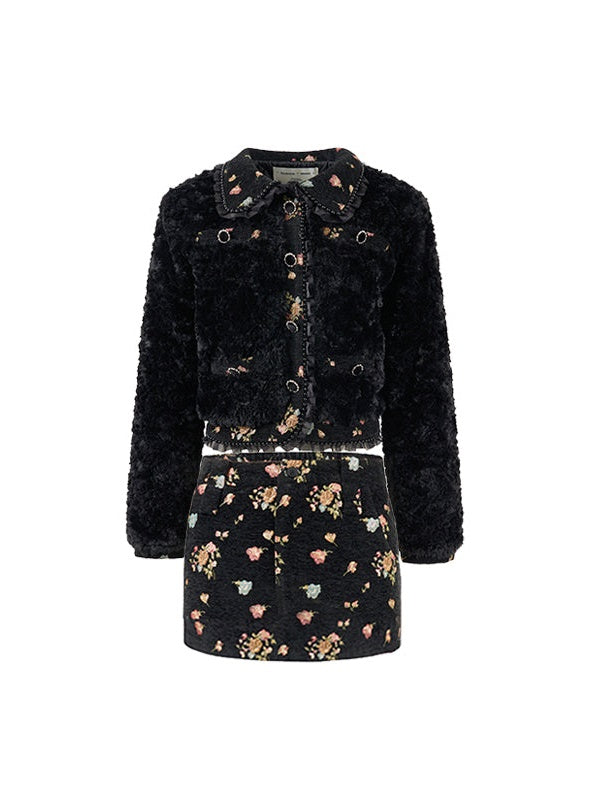 Short Hair Soft Jacquard Splicing Coat & Skirt