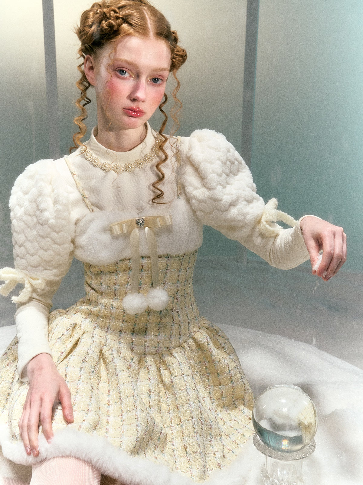 사랑 모피 소매 활 진주 장식 짧은 탑 