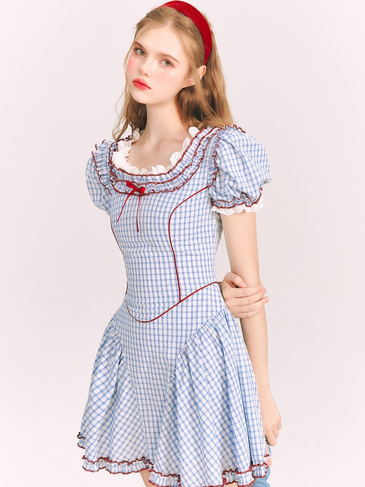 Puff Sleeves Sweet Plaid Princess Dress