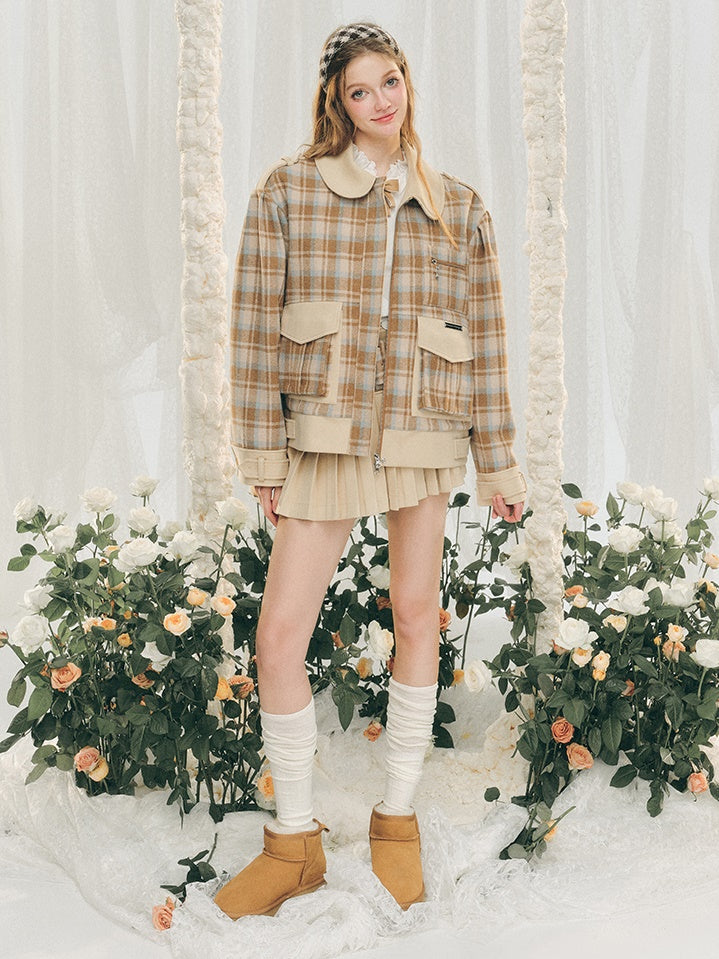 Plaid Round Collar Short Jacket ＆ Mini Pleated Skirt