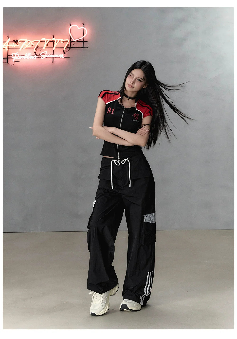 Black Lace Patchwork Large Pocket Casual Pants