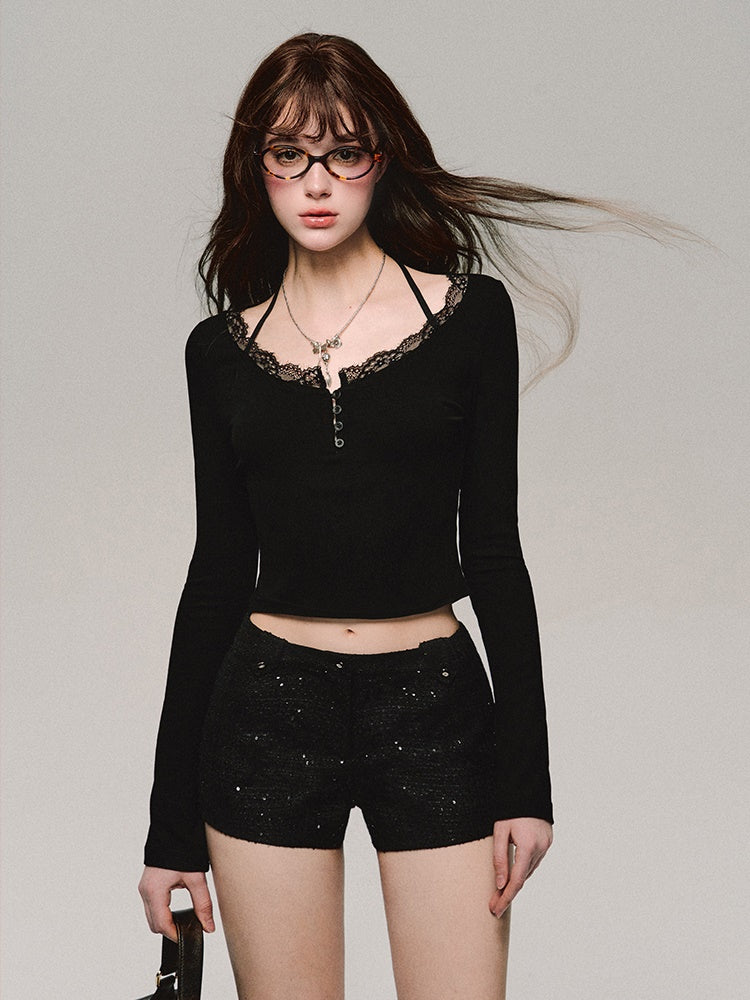 레이스 스티치 니트 바텀 셔츠 