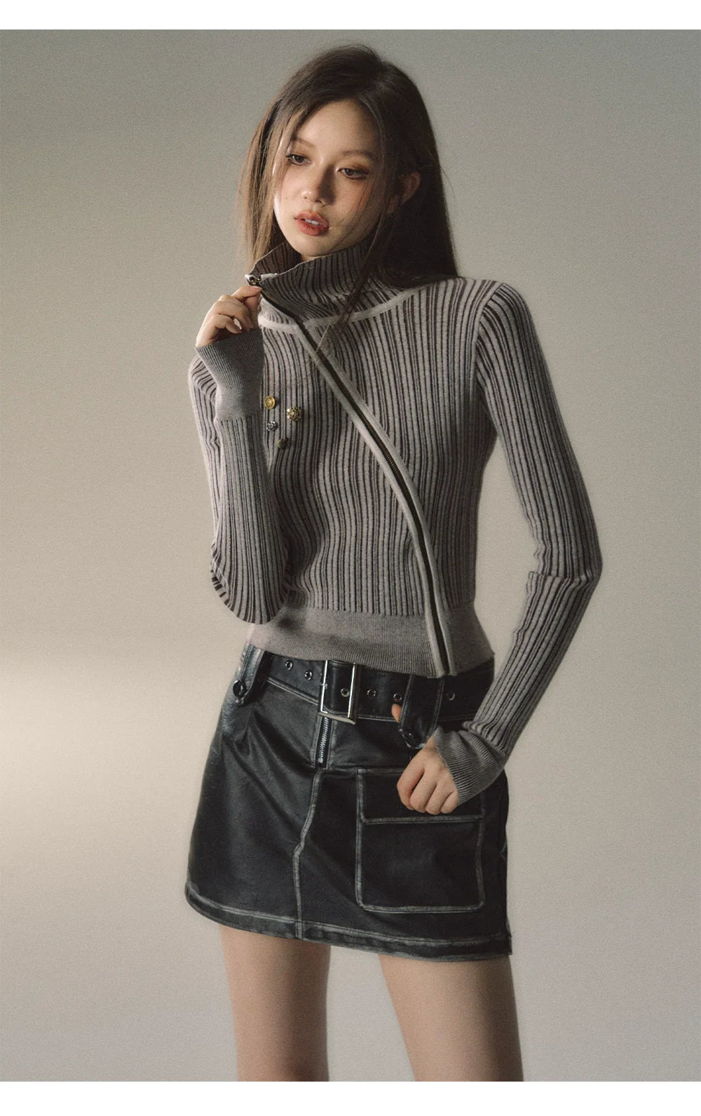 Mocha & Red Zipper Striped Turtleneck