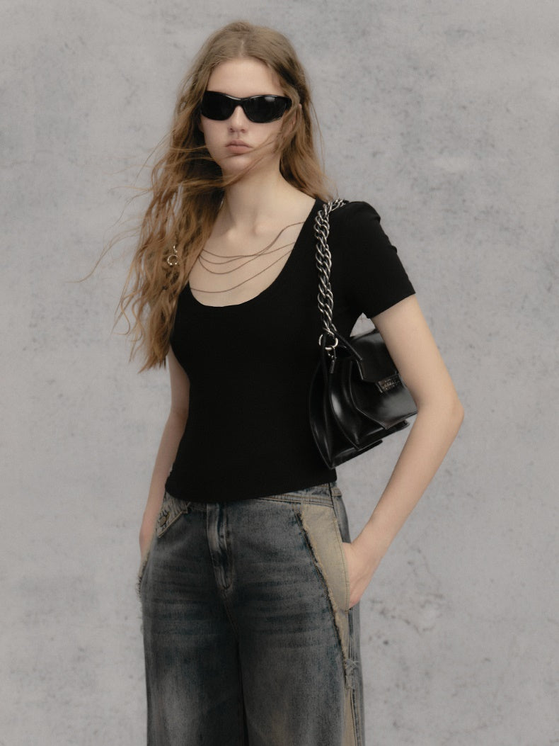 체인 숄더 패드 쇼트 티셔츠 