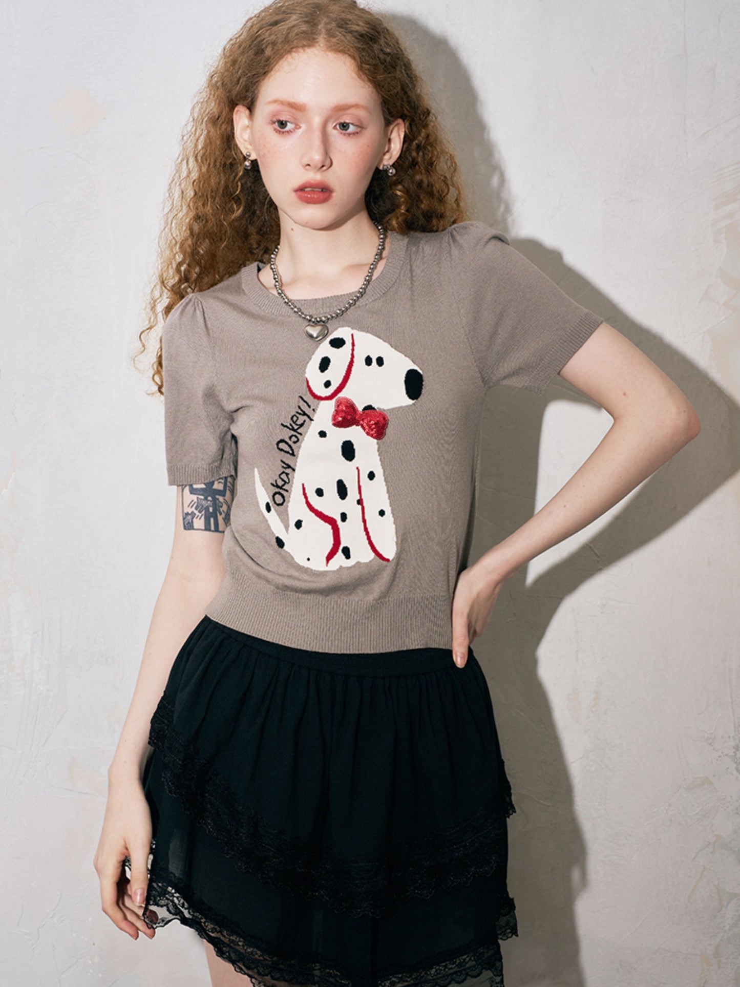 Round Neck Short-sleeved Spotted Dog Knitted Top