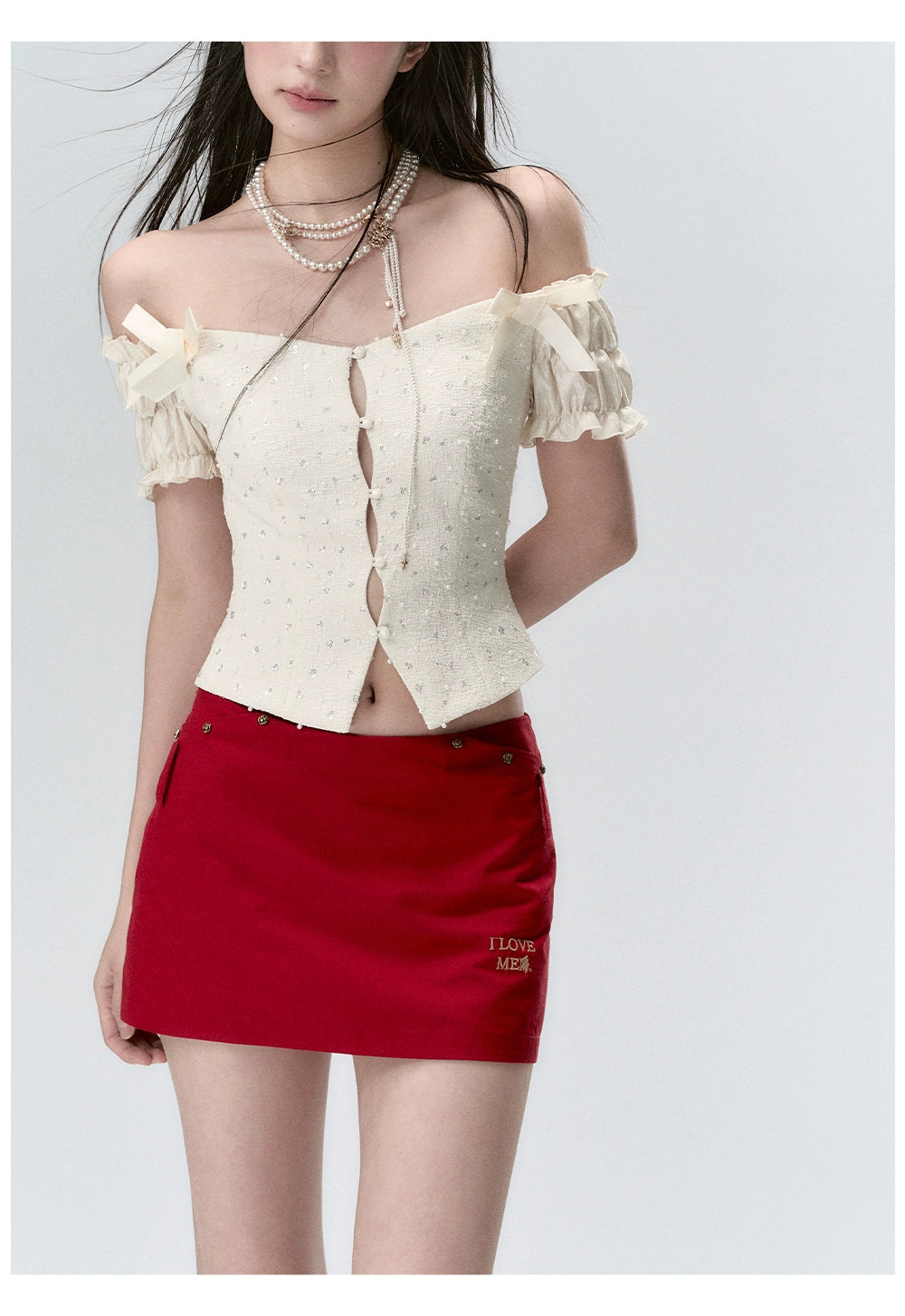 "I LOVE ME" Embroidered Rose Belt A-Line Mini Skirt