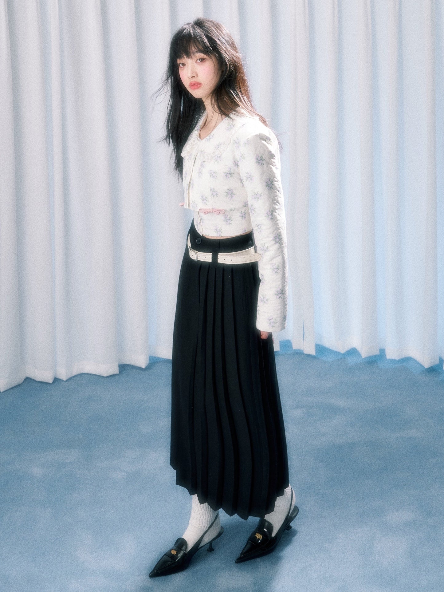 롱 비대칭 플리츠 스커트 