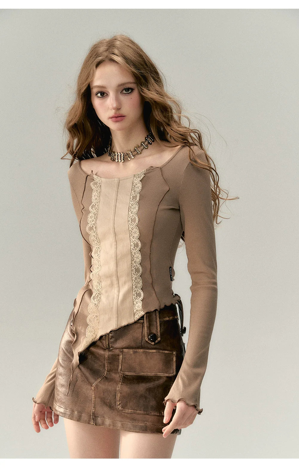 Gray & Khaki Lace Patchwork Blouse