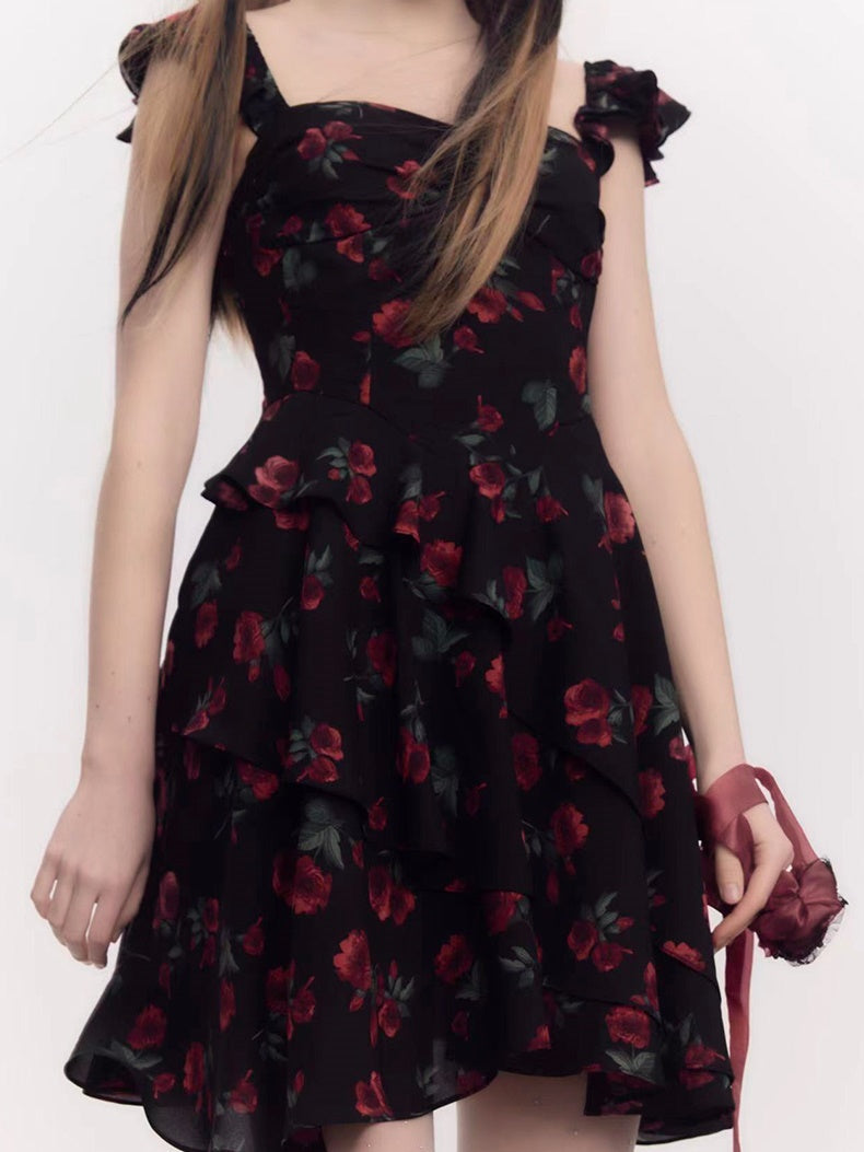 Rose Floral Belt Chest Strap Dress