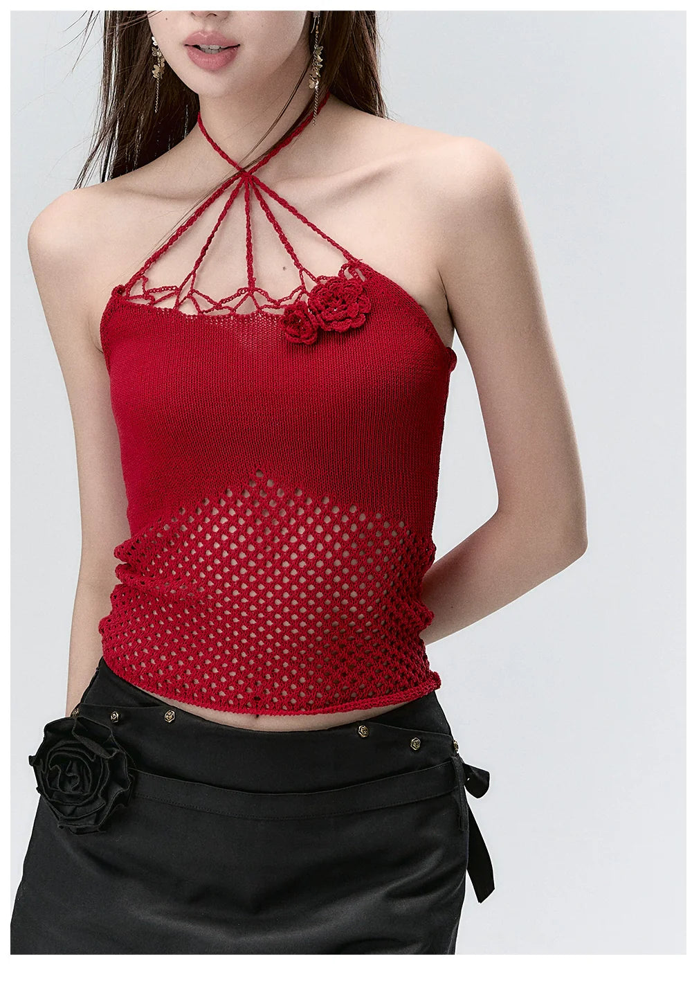 Rose Knitted Hollow Out Spaghetti Strap Tank Top